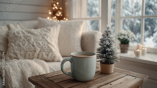 Minimalist Scandinavian living room: white sofa, Christmas tree, snow outside