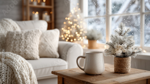 Minimalist Scandinavian living room: white sofa, Christmas tree, snow outside