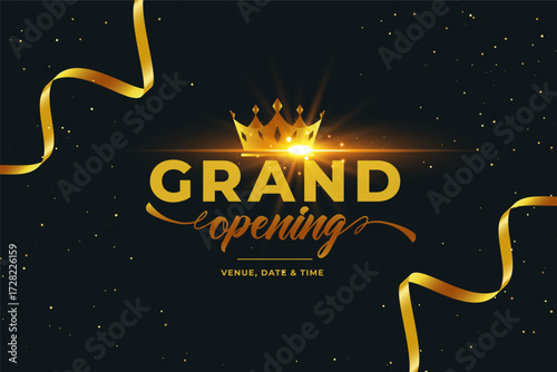 grand opening celebration background with golden crown and ribbon design