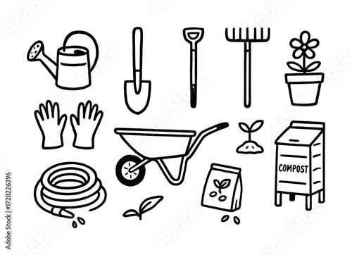 Gardening tools and supplies icons: watering can, shovel, wheelbarrow, compost bin, plant