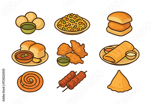 Traditional indian street food assortment: samosa, biryani, dosa, puri, vada pav, jalebi, pakora, pav bhaji, kebab