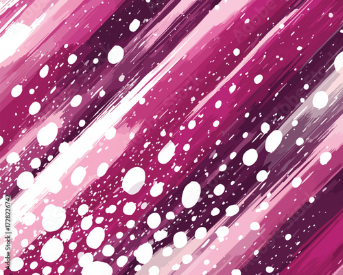 鮮やかなマゼンタと深みのある紫のグラデーションが織りなすダイナミックな筆致が交錯し、白い水滴が飛び散るような抽象的なベクターアート背景。デザインエレメントやテクスチャ、ウェブ背景など多岐にわたる用途に最適なモダンな表現です。