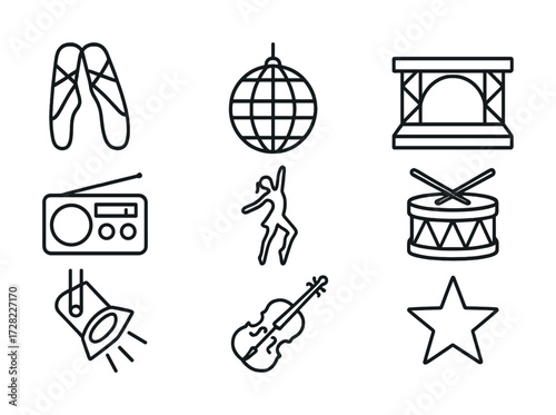 Dance and music icons: ballet, disco ball, stage, and instruments
