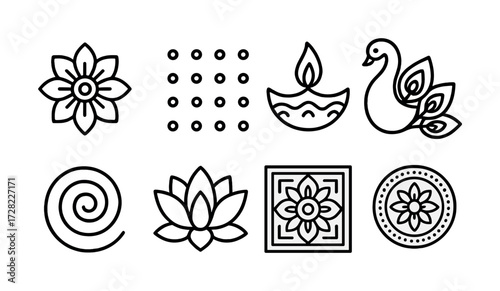 Diwali icon set featuring mandala, lotus, diya, peacock illustrations in black and white