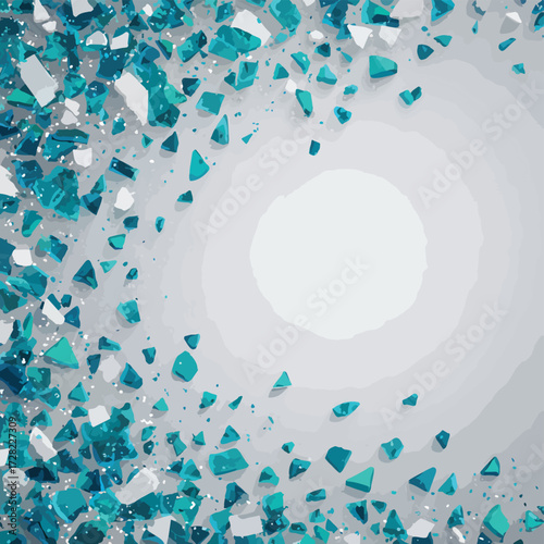 光を反射するターコイズと白の破片が、中心から四方八方に飛び散る様子を描いた、躍動感あふれる抽象的な背景デザイン。デジタルアートやウェブコンテンツに最適です。