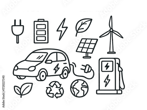 Electric vehicle and renewable energy symbols: sustainable transport and green technology icons