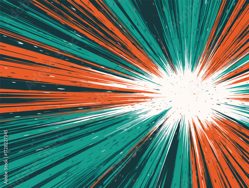 鮮やかなオレンジとターコイズの線が中心から力強く放射状に広がる、爆発的なエネルギーとスピード感を表現した抽象的な背景デザイン。