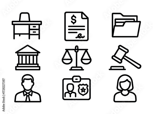 Legal and office icons set featuring justice symbols, documents, and profiles