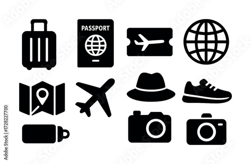 Travel icon set: passport, airplane, luggage, globe, camera, map, ticket, hat, sneakers
