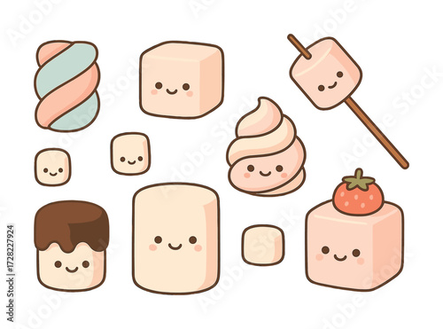 Cute cartoon marshmallow characters with smiling faces and delightful decorations