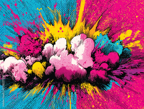 鮮やかなマゼンタ、シアン、イエローが混ざり合い、ダイナミックな爆発を表現するポップアート風の抽象的なベクターイラストレーションが、見る者の心に強い印象を与えます。