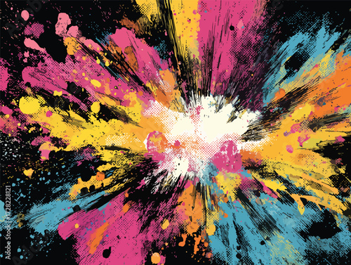 黒い背景に鮮やかなピンク、黄色、青、オレンジの絵の具がダイナミックに爆発し、視覚的なインパクトと創造的なエネルギーを表現する抽象的なベクターアートの傑作。