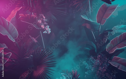 Neon jungle with tropical plants