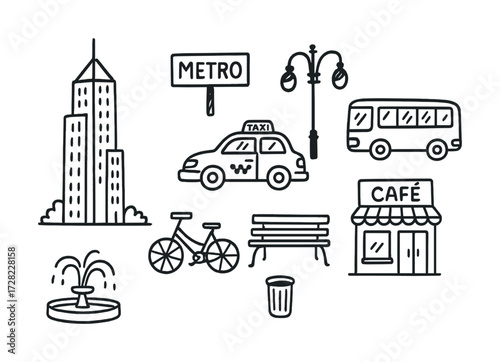 Hand-drawn urban elements: buildings, transportation, and street icons