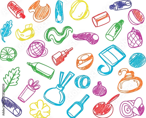Vector art of assortment of colorful handdrawn doodle objects and shapes isolated on white