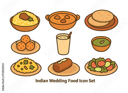Indian wedding food icons: dishes and beverages set