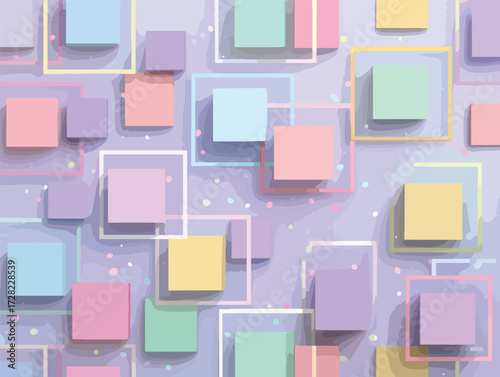 パステルカラーの正方形とアウトラインが織りなす、影と奥行きが魅力的な抽象的ベクターパターン。デジタルアートの背景やデザイン素材に最適です。