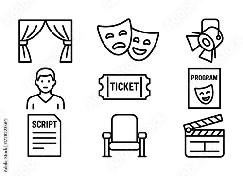 Theater icons: mask, stage, script, ticket, chair, clapperboard