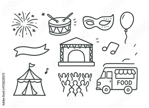 Festival celebration icons: tent, stage, food truck, fireworks and more