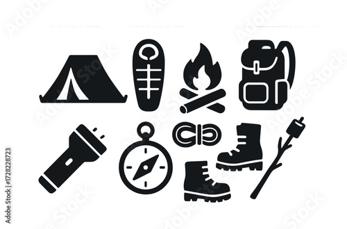 Camping essentials collection: tent, sleeping bag, campfire, backpack, flashlight, compass, boots, rope, marshmallow stick