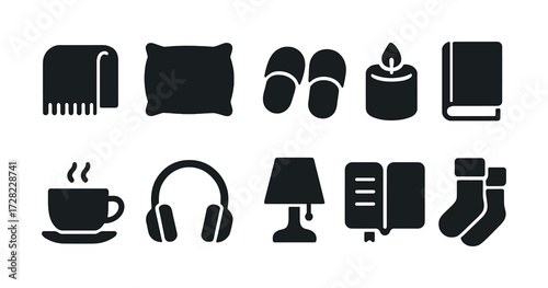 Cozy essentials icons set: blanket, pillow, slippers, candle, book, coffee, headphones, lamp, notebook, socks