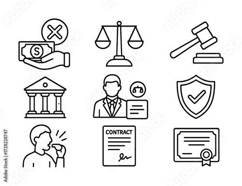 Legal icons: justice, court, lawyer, contract, certificate, money prohibition