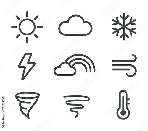 Minimalist weather icons: sun, cloud, snowflake, lightning, rainbow, wind, tornado, thermometer