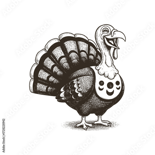 Art & IllustratioLaughing Vintage Turkey monochrome ink drawing Illustration, 19th century style for Thanksgiving Celebration.n