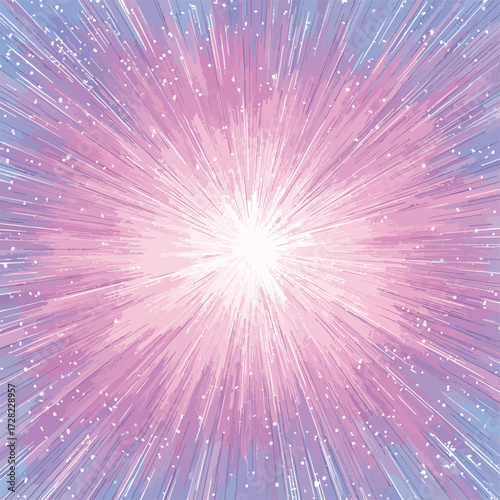 柔らかなパステル調の色合いが融合し、中央から放射状に広がる光と煌めきが幻想的な雰囲気を醸し出すベクターアート。