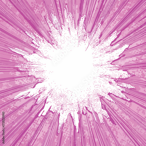 鮮やかなピンクの背景に白い爆発の中心から放射状に広がる集中線が描かれた、漫画的な躍動感とポップアートの魅力を併せ持つベクターイラストレーション。