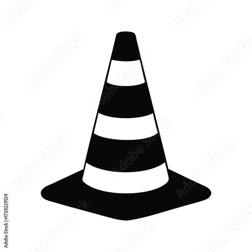 Black and white traffic cone with horizontal stripes safety symbol, traffic cone silhouette vector illustration
