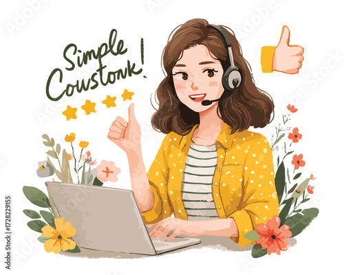 顧客の疑問や相談に親身に耳を傾け、笑顔で解決へと導く女性オペレーターが親指を立てて信頼と満足を表現する、温かみのあるベクターアート。