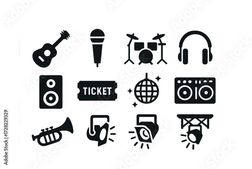 Music and concert icon set: guitar, microphone, drums, headphones, speakers, ticket, disco ball