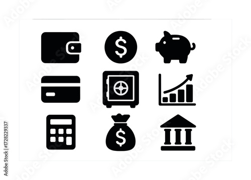 Financial icons set: wallet, dollar, piggy bank, credit card, safe, growth chart, calculator, money bag, bank