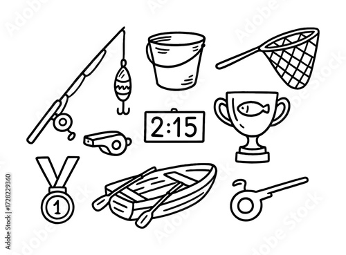 Fishing competition elements: rod, boat, trophies, timer, net, medals, whistle