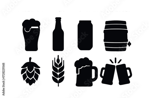 Beer icons set: glasses, bottles, cans, barrel, hops, wheat, mugs, toasting