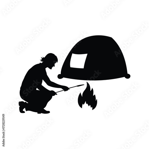 Silhouette of a person roasting marshmallows over a campfire next to a tent, camper lighting campfire silhouette vector illustration