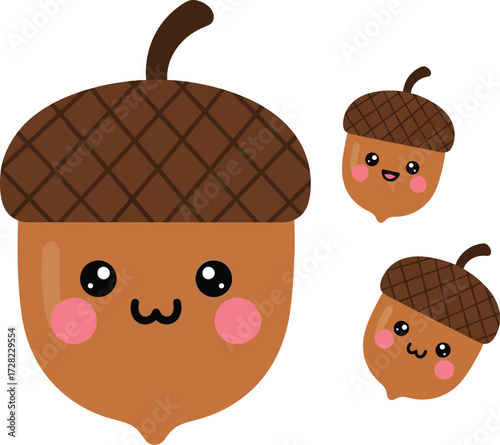 Cute Cartoon Acorn Illustration with Smiling Faces and Cheeks

