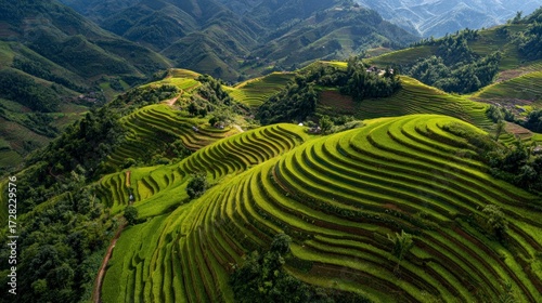 Terraced rice paddies mountain landscape