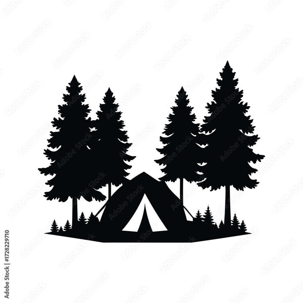 Obraz premium Silhouette of a camping tent among tall evergreen trees in the forest, camping in forest silhouette vector illustration