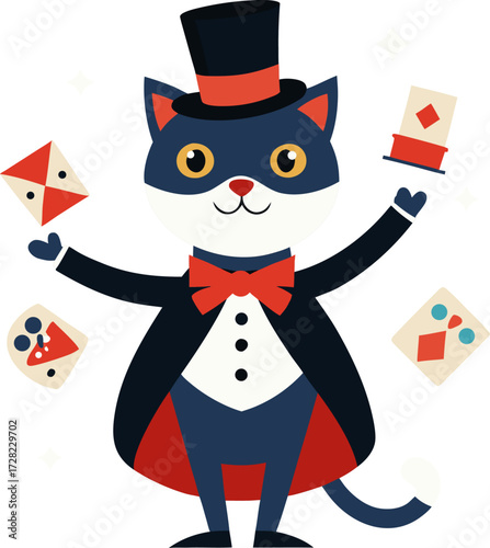 A charming black cat in a top hat and tuxedo juggles playing cards with a playful expression, showcasing a magical performance.