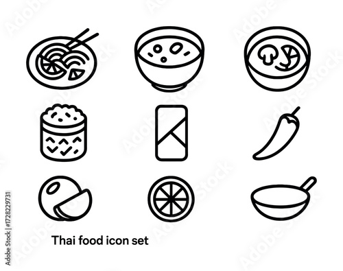 Thai food icon set: noodles, soup, rice, spring roll, chili, citrus, wok
