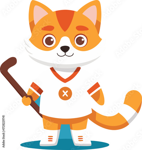 Adorable cartoon fox character dressed in hockey gear holding a stick ready to play