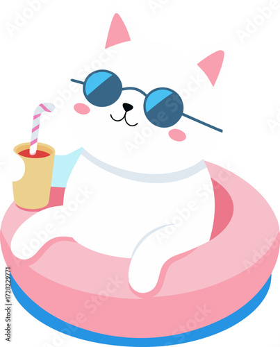 Cute white cat wearing sunglasses enjoys a refreshing drink while floating on a pink inflatable tube