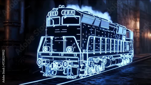 A glowing blue neon outline of a diesel locomotive on railway tracks
