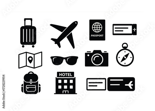 Travel icons: airplane, luggage, passport, map, camera, compass, hotel, ticket