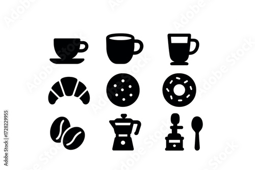 Collection of coffee and pastry icons featuring cups, croissant, coffee beans, and brewing tools