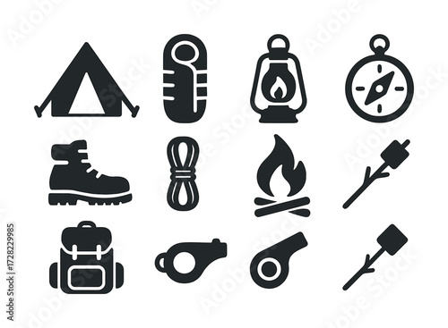 Camping essentials icons: tent, sleeping bag, lantern, compass, hiking boots