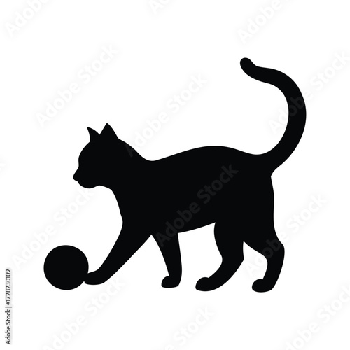 Silhouette of a playful black cat batting at a small ball toy, cat playing with ball silhouette vector illustration