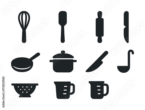 Silhouette icons of kitchen utensils: whisk, spatula, rolling pin, knife, pan